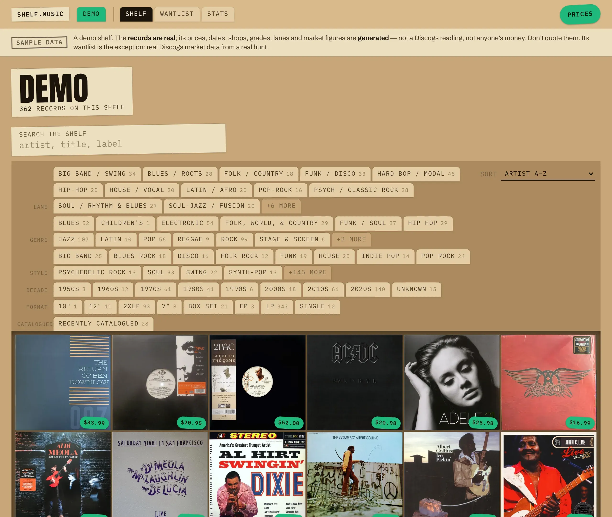 The demo shelf with the price layer on: a green price sticker on the corner of every sleeve